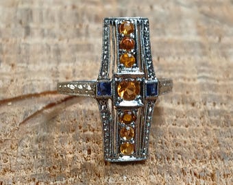 Art Deco Platinum Sapphire & Tourmaline Antique Ring Size 3.5