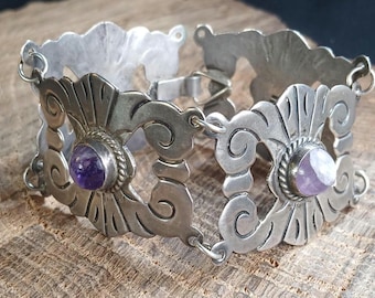 Early Mexican Sterling Silver Amethyst Panel Bracelet 7.25"
