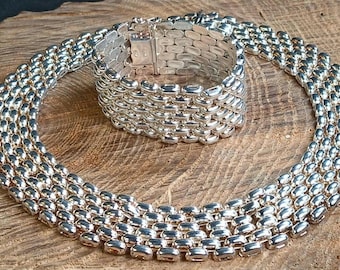 Panther Link Sterling Silver Necklace(15") Bracelet(7.5") Set