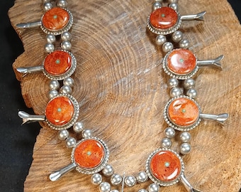 Sterling Silver Coral Turquoise Inlay Squash Blossom Necklace 30"