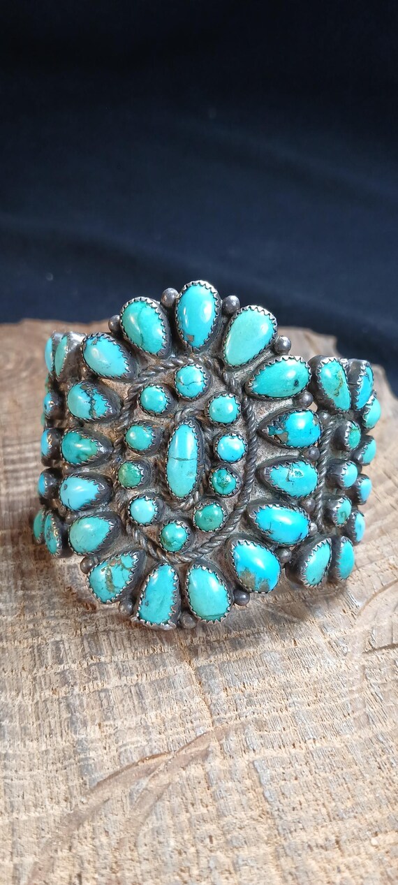 Petit Point Teardrop Turquoise Cluster Cuff Bracelet Sterling Silver 5"