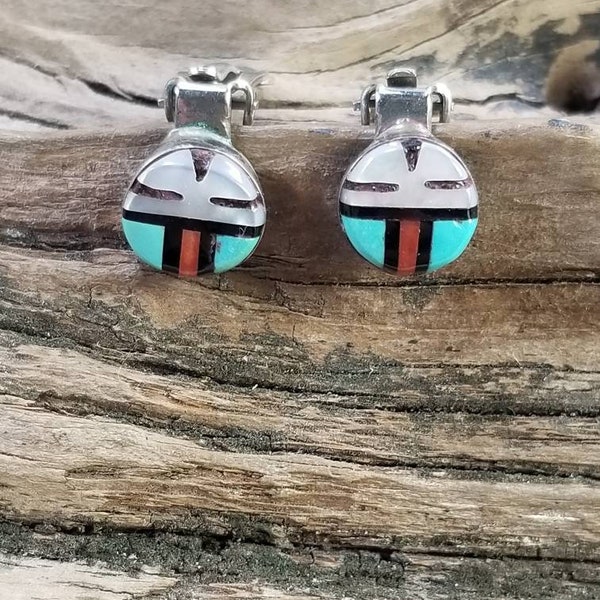 Vintage Detailed Zuni Turquoise Coral MOP Inlay Clip On Earrings