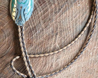 Crushed Coral Turquoise Inlay Sterling Silver Peyote Bird Bolo Neck Tie 38"