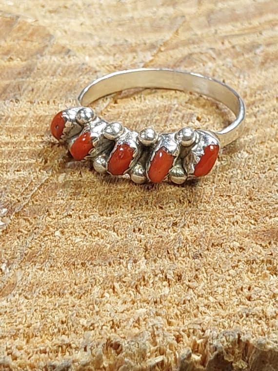 Zuni Needle Point Red Coral Ring Signed Zuni Coral Ring