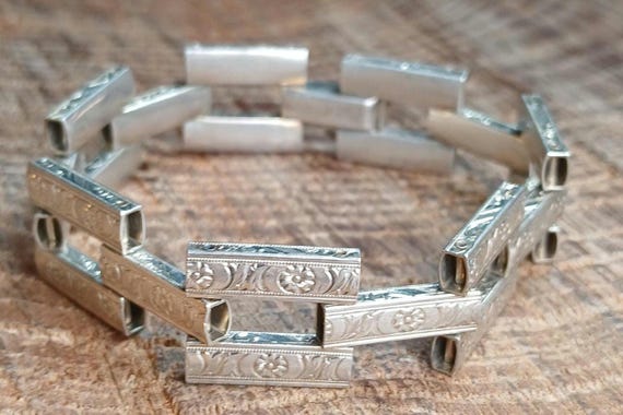 Art Deco Sterling Silver Floral Engraved Link Bracelet 7.25"