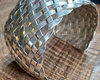 Vintage Mexico Sterling Silver Woven Silver Cuff Bracelet 6.25"