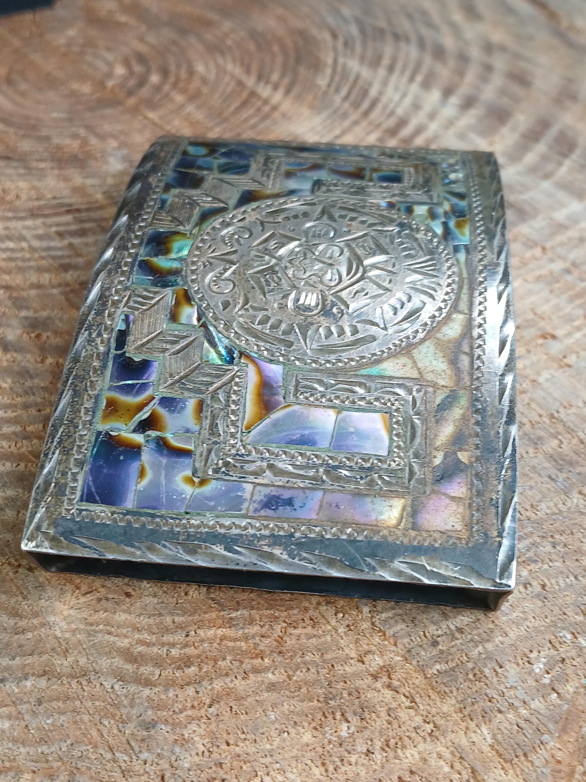 Abalone Inlay Mayan Face Sterling Silver Belt Buckle Vintage  display picture 3