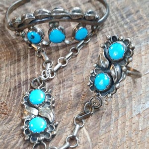 Sterling Silver Turquoise Native American Slave Chain Freedom Ring Bracelet 4.5" Size 8.75 Ring