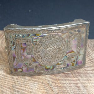 Abalone Inlay Mayan Face Sterling Silver Belt Buckle Vintage  display picture 3