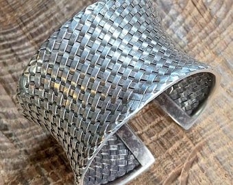 Sterling Silver Bali Basket Weave Concave Cuff Bracelet 6"