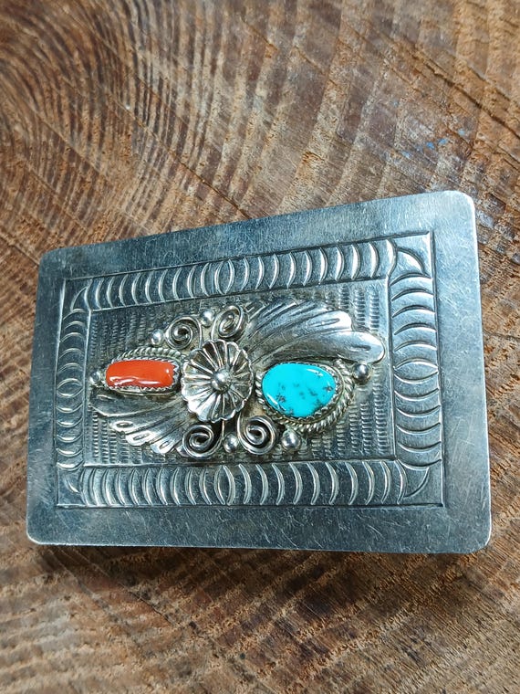 Sterling Silver Turquoise Coral Flower N Feather Buckle  display picture 2