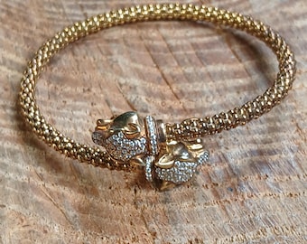 Cougar Head Gold Tone Bypass Flex Cubic Zirconia Encrusted  Bracelet Adjustable Sterling Silver 6.5"