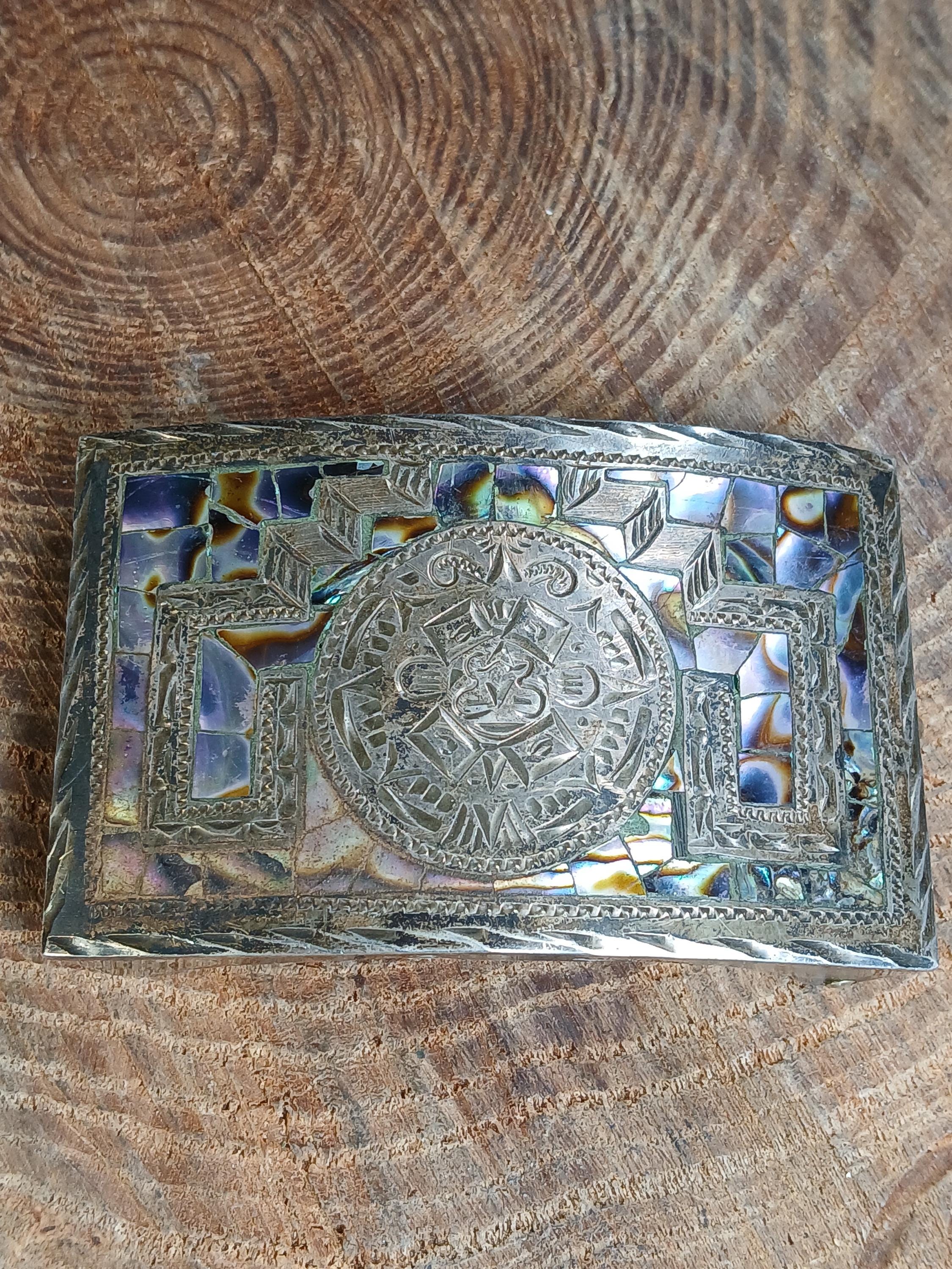 Vintage Rancho Alecre Taxco Mexico Sterling Silver 925 Belt Buckle Abalone 22g Abalone Inlay Mayan Face Sterling Silver Belt Buckle Vintage  main image 4
