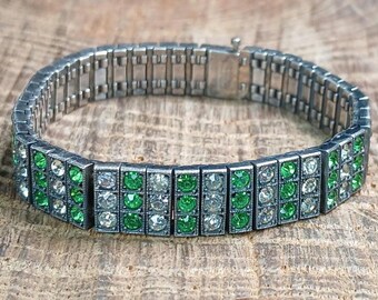 Antique Diamonbar Art Deco Sterling Silver Green & Clear Rhinestone Bracelet 6.5"