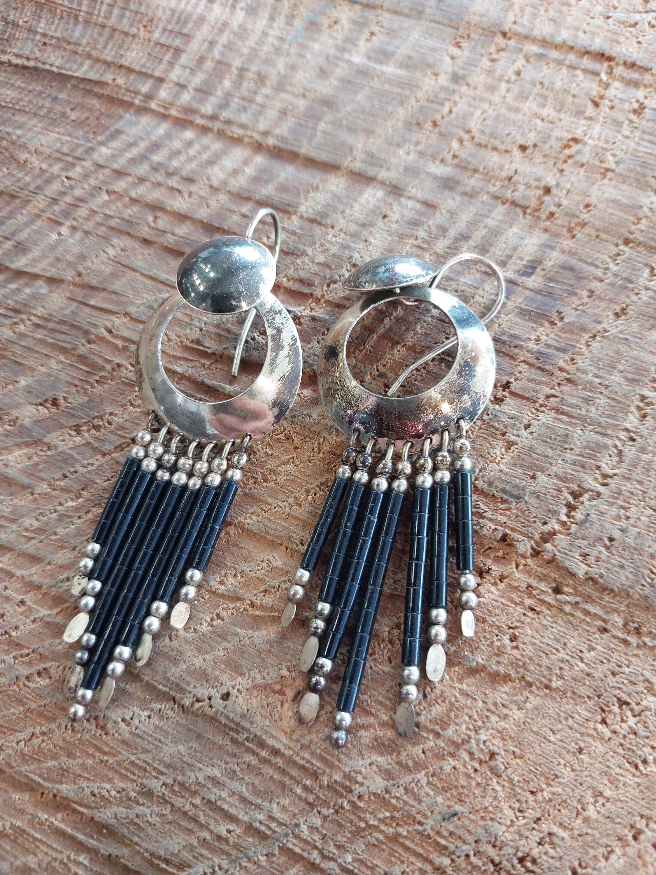 Sterling Silver Onyx Heishi Bead Dangle Earrings