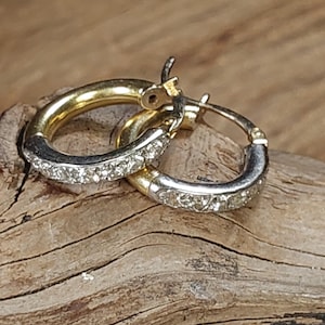 Two Tone 18k White Yellow Gold Hoop Earrings With CZ