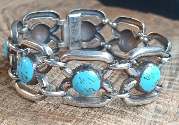Art Deco Sterling Silver Turquoise Glass Schmidt & Bruckmann Bracelet 7.5" View 2
