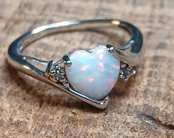 White Gold 10k Opal Heart Diamond Accent Size 5