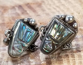 Carved Abalone Tribal Mask Screw Back Earrings Sterling Silver Taxco