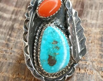 Turquoise Coral Feather Accent Sterling Silver Ring Size 6