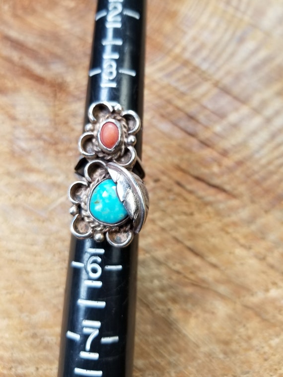 Coral and Turquoise Feather Ring Size 4.5 - image 2