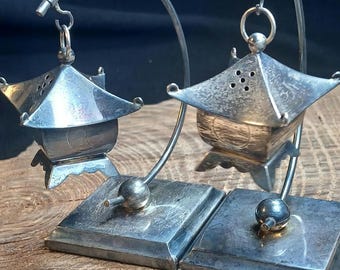 Japan 950 Sterling Silver Hanging Houses Salt & Pepper Shakers