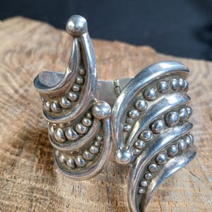 Clamper Cuff Bangle Bracelet Sterling Silver Vintage Taxco Beadwork Design Signed 6.5&quot;
