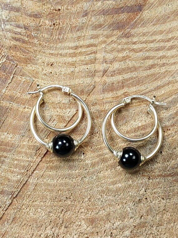 Vintage 10k Gold Double Hoop Onyx Earrings