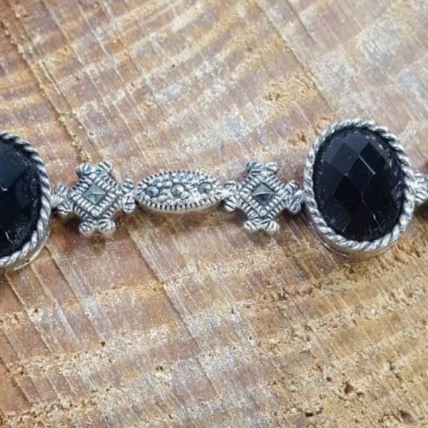 Vintage  CFJ Onyx & Marcasite Bracelet 7.5"