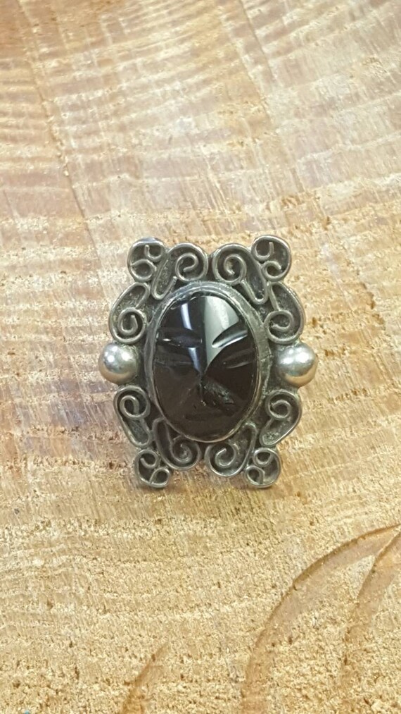 Sterling Silver Obsidian Tribal Mask Ring Size 7.7