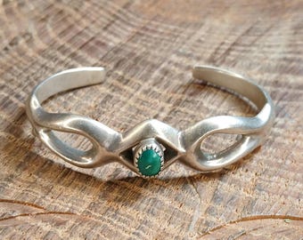 Nellie Tso Navajo Sterling Silver Sand Cast Green Turquoise Cuff Bracelet