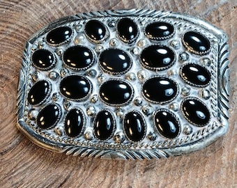Tommy Moore Navajo Sterling Silver Onyx Belt Buckle 4"x3"