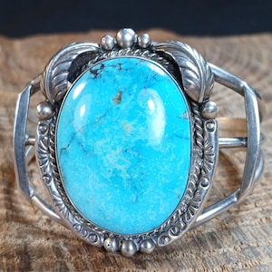 Feather Accent Turquoise Cuff Bracelet Sterling Silver 5" Signed Fred M. Apache