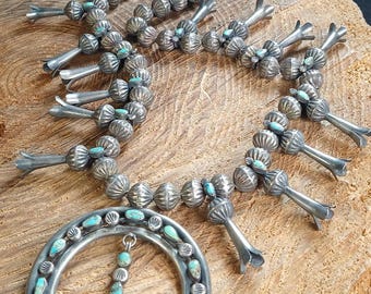 Squash Blossom Necklace Native American Sterling Silver Turquoise Flutted Beads 30"