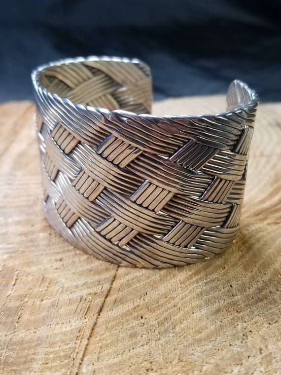 Woven Sterling Silver Wire Basket Cuff Bracelet 6"