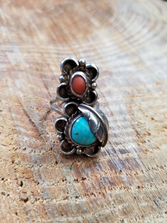 Coral and Turquoise Feather Ring Size 4.5 - image 1