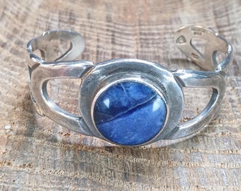 Sterling Silver Sodalite Cuff Bracelet 5.25" Vintage Taxco Marked Eagle 3