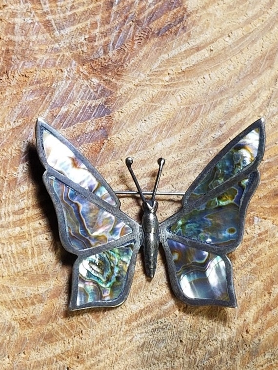 Sterling Silver Abalone Shell Butterfly Pin Brooc… - image 1