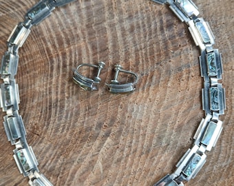 Sterling Silver Abalone Inlay Hinged Link Choker Necklace Screw Back Earring Set Taxco Made 14.5"