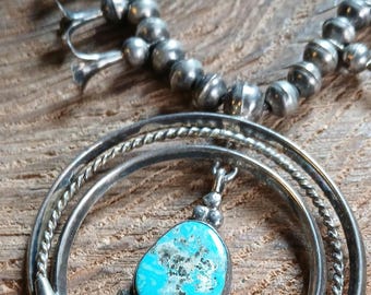 Native American Sterling Silver & Turquoise Squash Blossom Naja Necklace 26"