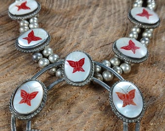 Mother of Pearl Engraved Butterfly Squash Blossom Style Necklace 18.5" Sterling Silver Navajo Pearls Naja