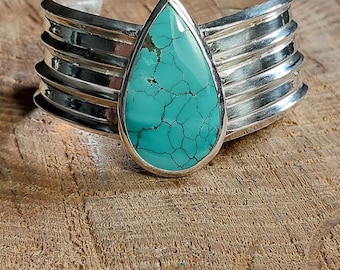 5.5 " Sterling Silver Triangle Wire Teardrop Turquoise Southwestern Style Chevron Cuff Bracelet HEAVY Silver MikeMade