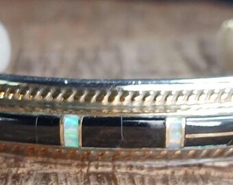 Black Onyx Opal Inlay Sterling Silver Cuff Bracelet Gold Filled Braided Accent 5"