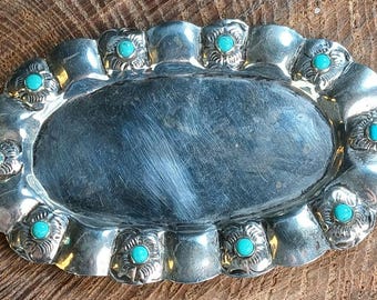 3" x 5" Taxco Sterling Silver Turquoise Ash Tray Ring Tray Trinket Dish