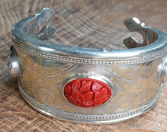 Turkmen Turkoman Tribal Cuff Bracelet Sterling Silver, Carnelian, Cinnabar 5"