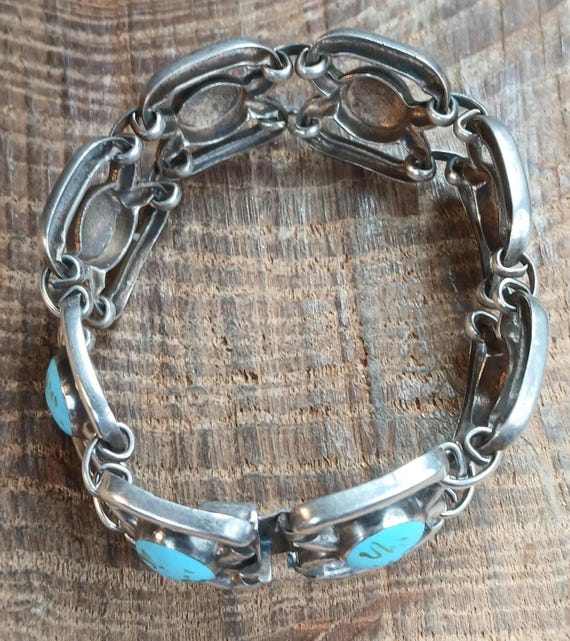 Art Deco Sterling Silver Turquoise Glass Schmidt & Bruckmann Bracelet 7.5" View 3