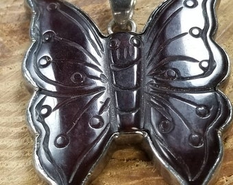 Carved Butterfly Pendant Maroon Dark Red Glass Sterling Silver Vintage