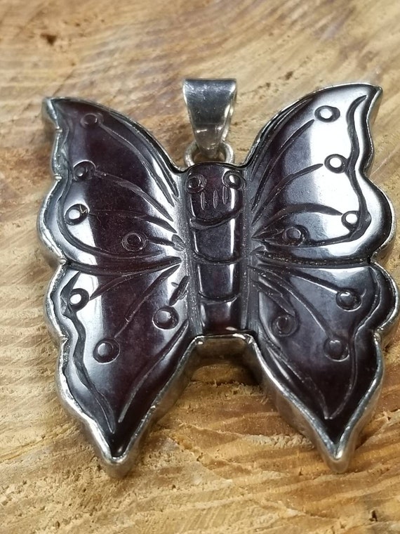 Carved Butterfly Pendant Maroon Dark Red Glass Ste