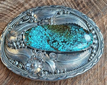 Sterling Silver Spider Web Turquoise Belt Buckle HUGE 100+ Grams Navajo Signed Jereme Delgarito
