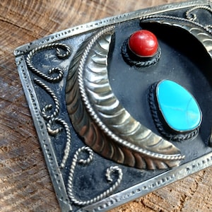 Sterling Silver Coral Turquoise Feather Accent Belt Buckle Vintage Mexico